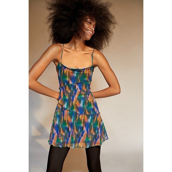 URBAN OUTFITTERS Women’s Dress Green Multi Mesh Mini Moxie Abstract Slip Size XS - Picture 1 of 11